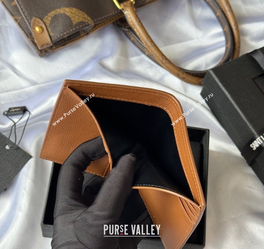 Saint Laurent Tiny Cassandre Credit Card Wallet in Grained Leather Brown/Gold 2025 668736 (YY-251120016)