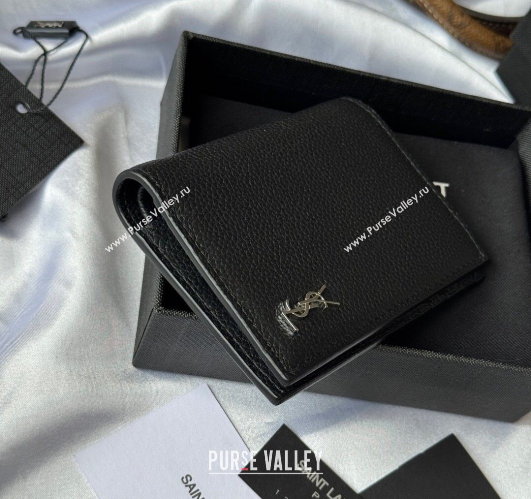 Saint Laurent Tiny Cassandre Credit Card Wallet in Grained Leather Black/Silver 2025 668736 (YY-251120017)