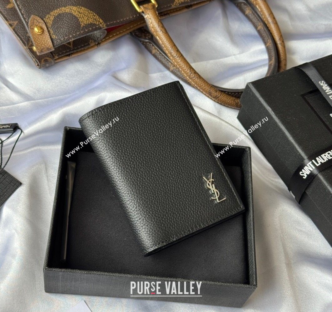 Saint Laurent Tiny Cassandre Credit Card Wallet in Grained Leather Black/Silver 2025 668736 (YY-251120017)