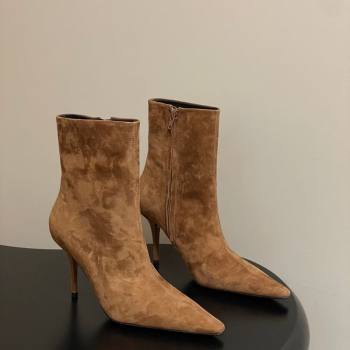Saint Laurent Ashley Heel Booties 9.5cm in Suede Brown 2025 809284 (MD-251213030)