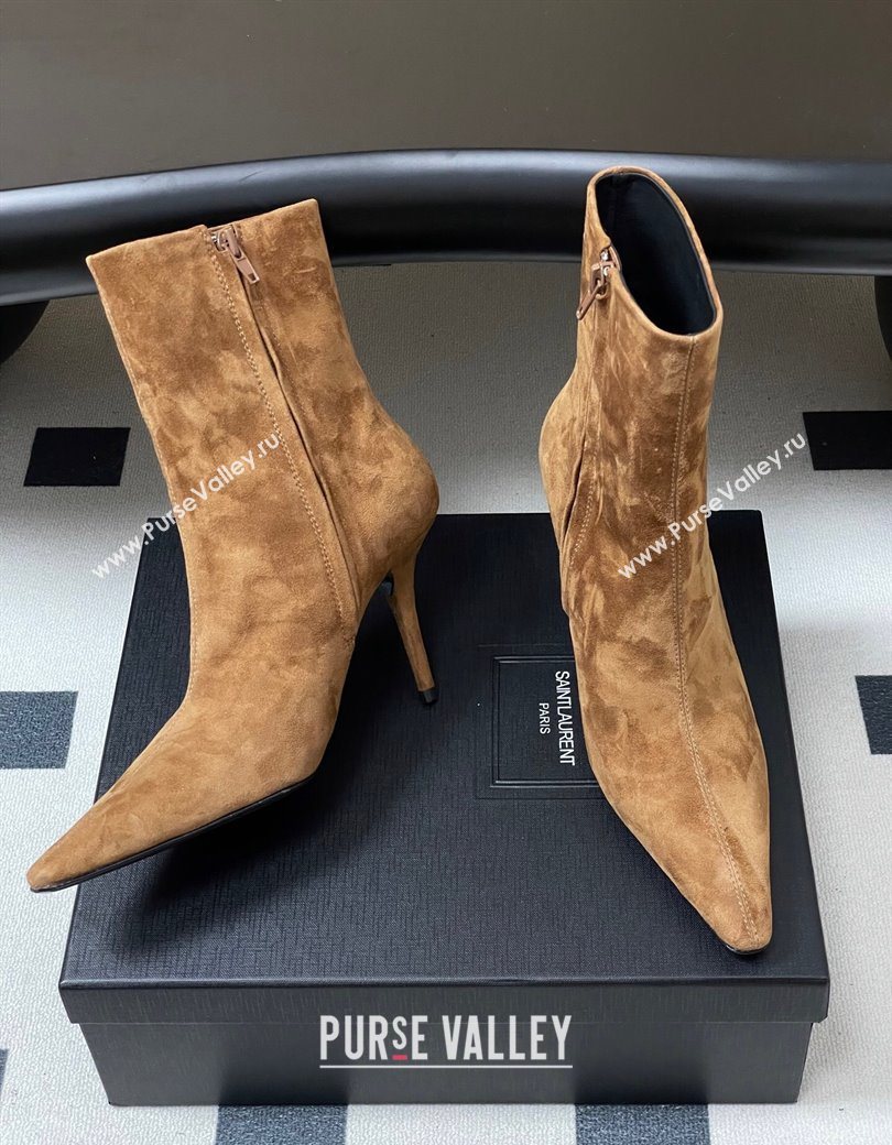 Saint Laurent Ashley Heel Booties 9.5cm in Suede Brown 2025 809284 (MD-251213030)