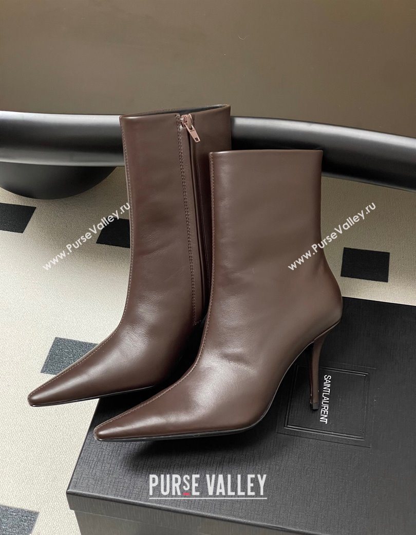 Saint Laurent Ashley Heel Booties 9.5cm in Calfskin Leather Dark Brown 2025 809284 (MD-251213035)