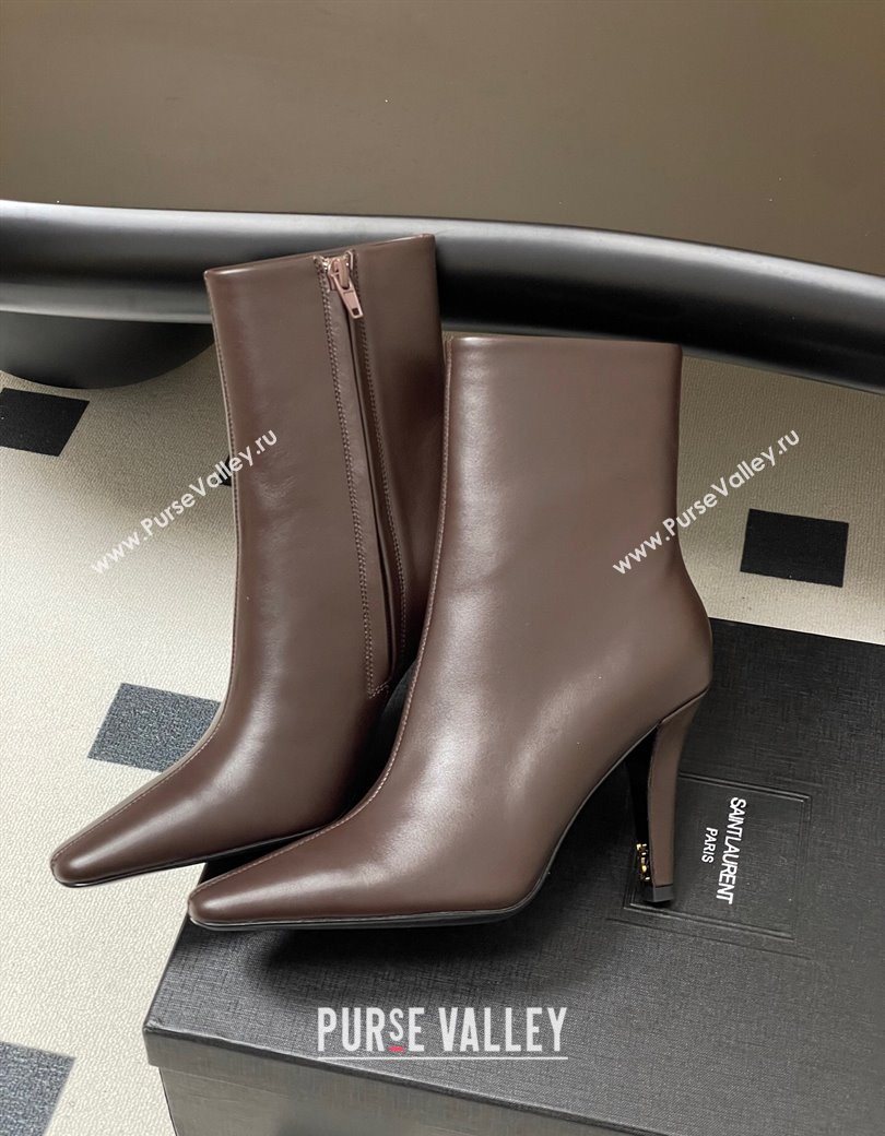 Saint Laurent Jill Heel Booties 10cm in Calfskin Leather Dark Brown 2025 806674 (MD-251213024)