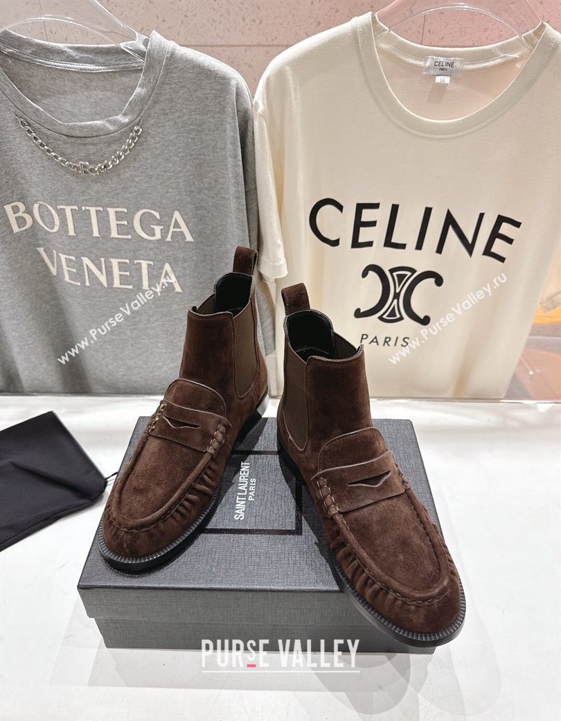 Saint Laurent Le Flat Chelsea Booties in Suede Dark Brown 2025 YSL121302 (MD-251213047)