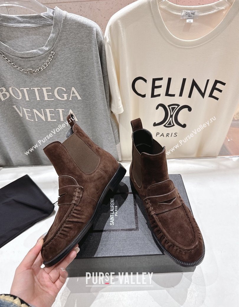 Saint Laurent Le Flat Chelsea Booties in Suede Dark Brown 2025 YSL121302 (MD-251213047)