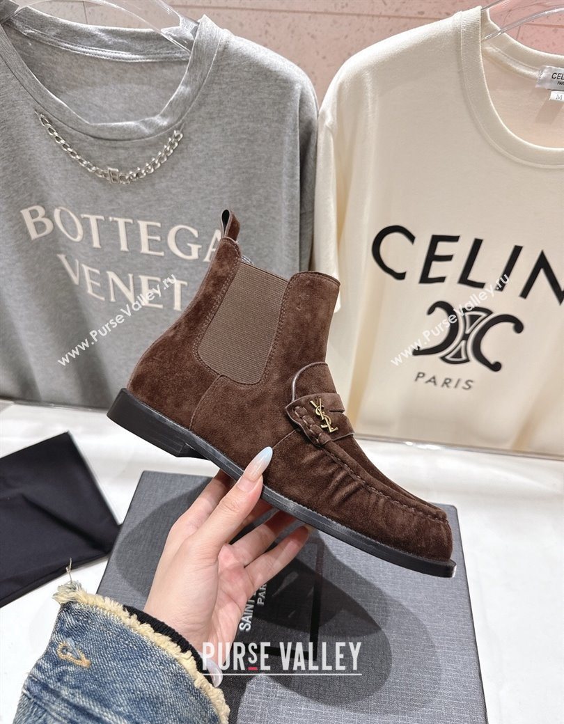 Saint Laurent Le Flat Chelsea Booties in Suede Dark Brown 2025 YSL121302 (MD-251213047)
