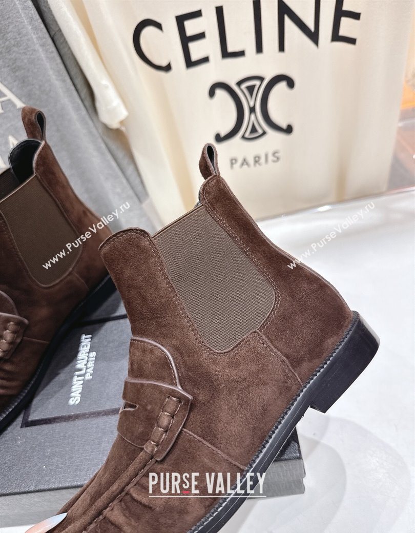 Saint Laurent Le Flat Chelsea Booties in Suede Dark Brown 2025 YSL121302 (MD-251213047)