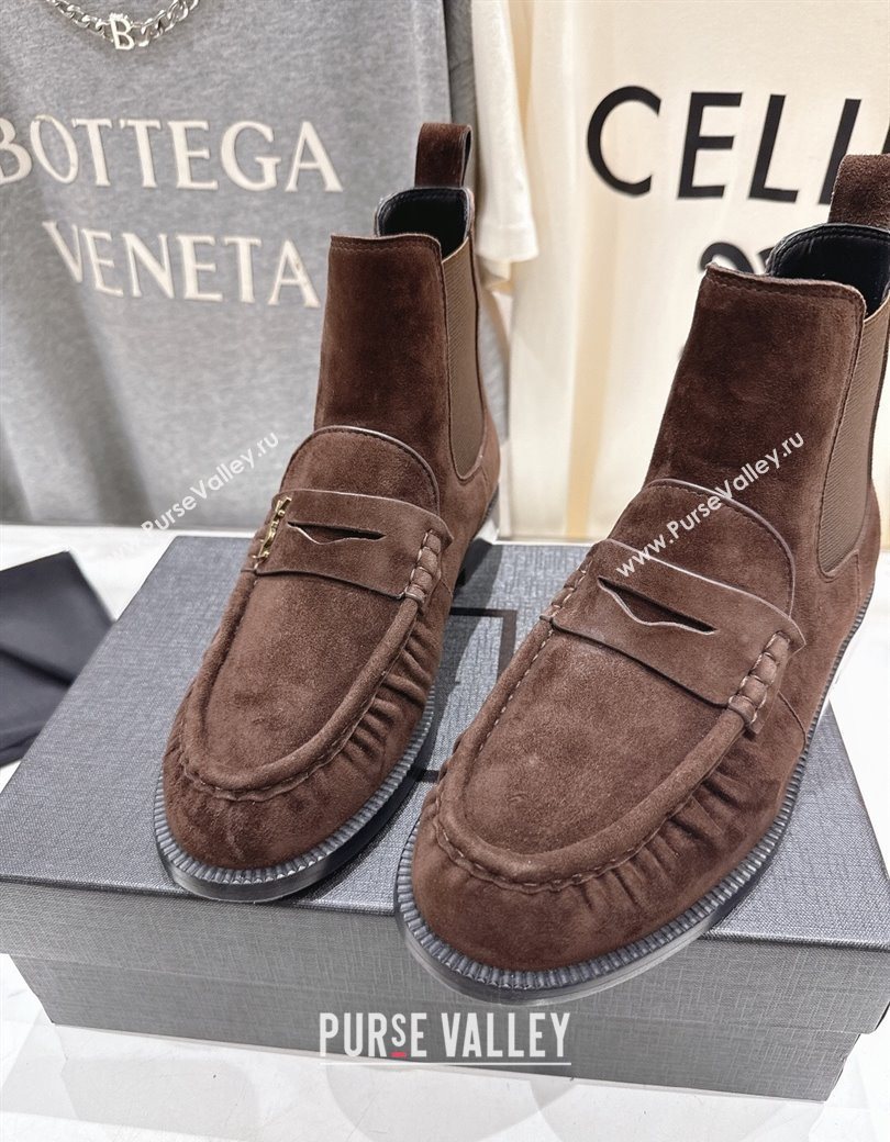 Saint Laurent Le Flat Chelsea Booties in Suede Dark Brown 2025 YSL121302 (MD-251213047)