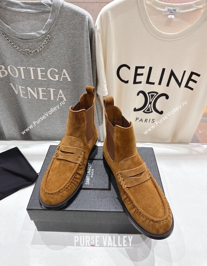 Saint Laurent Le Flat Chelsea Booties in Suede Brown Yellow 2025 YSL121302 (MD-251213049)