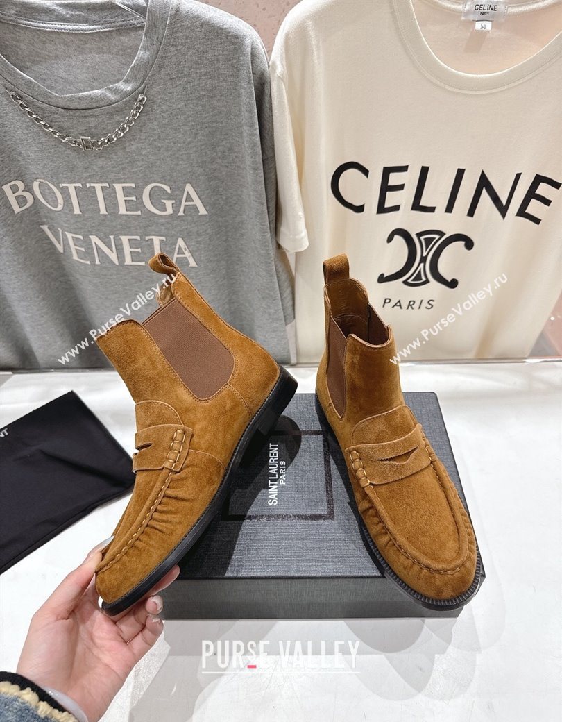 Saint Laurent Le Flat Chelsea Booties in Suede Brown Yellow 2025 YSL121302 (MD-251213049)