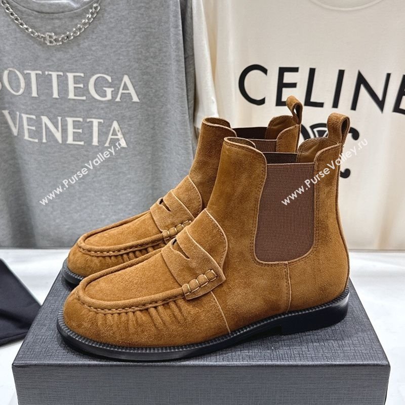 Saint Laurent Le Flat Chelsea Booties in Suede Brown Yellow 2025 YSL121302 (MD-251213049)