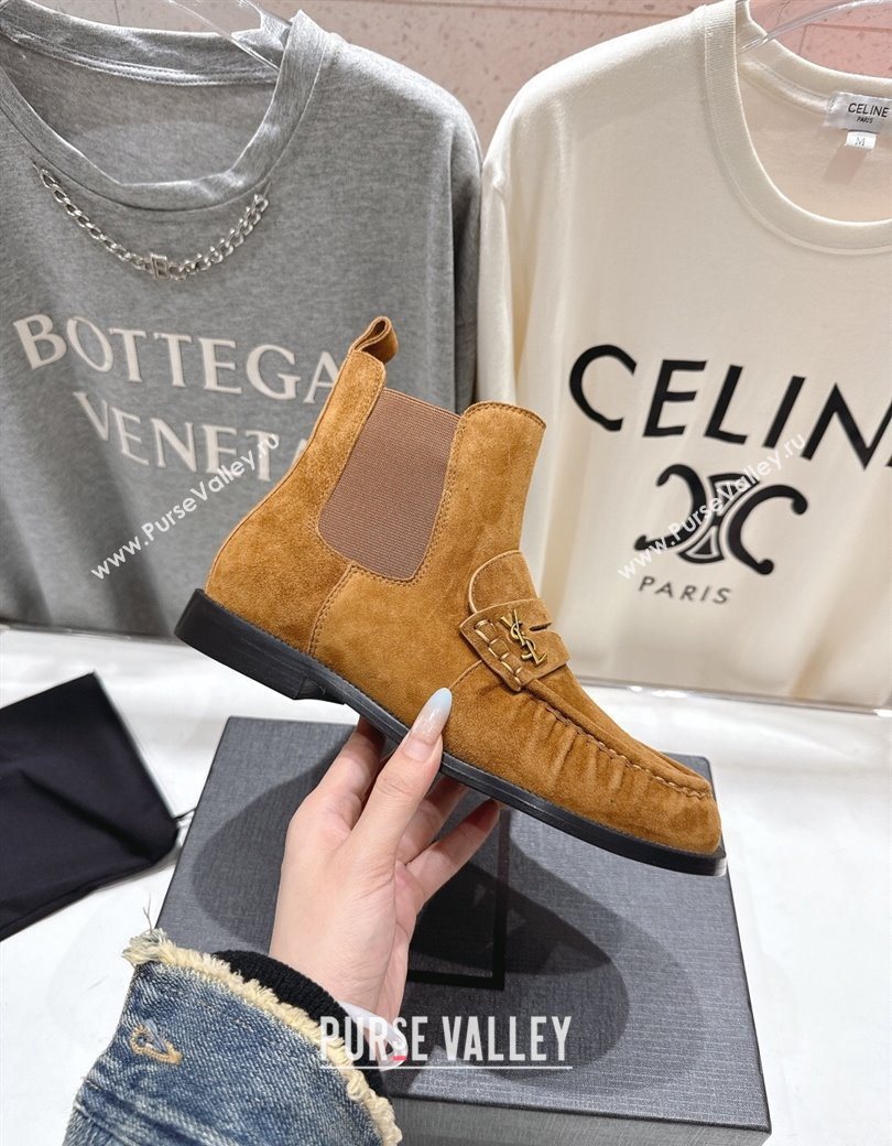 Saint Laurent Le Flat Chelsea Booties in Suede Brown Yellow 2025 YSL121302 (MD-251213049)