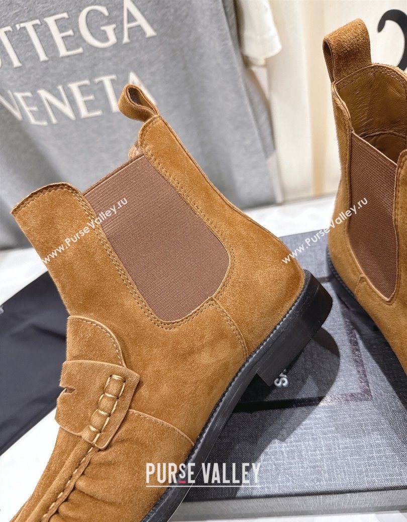 Saint Laurent Le Flat Chelsea Booties in Suede Brown Yellow 2025 YSL121302 (MD-251213049)
