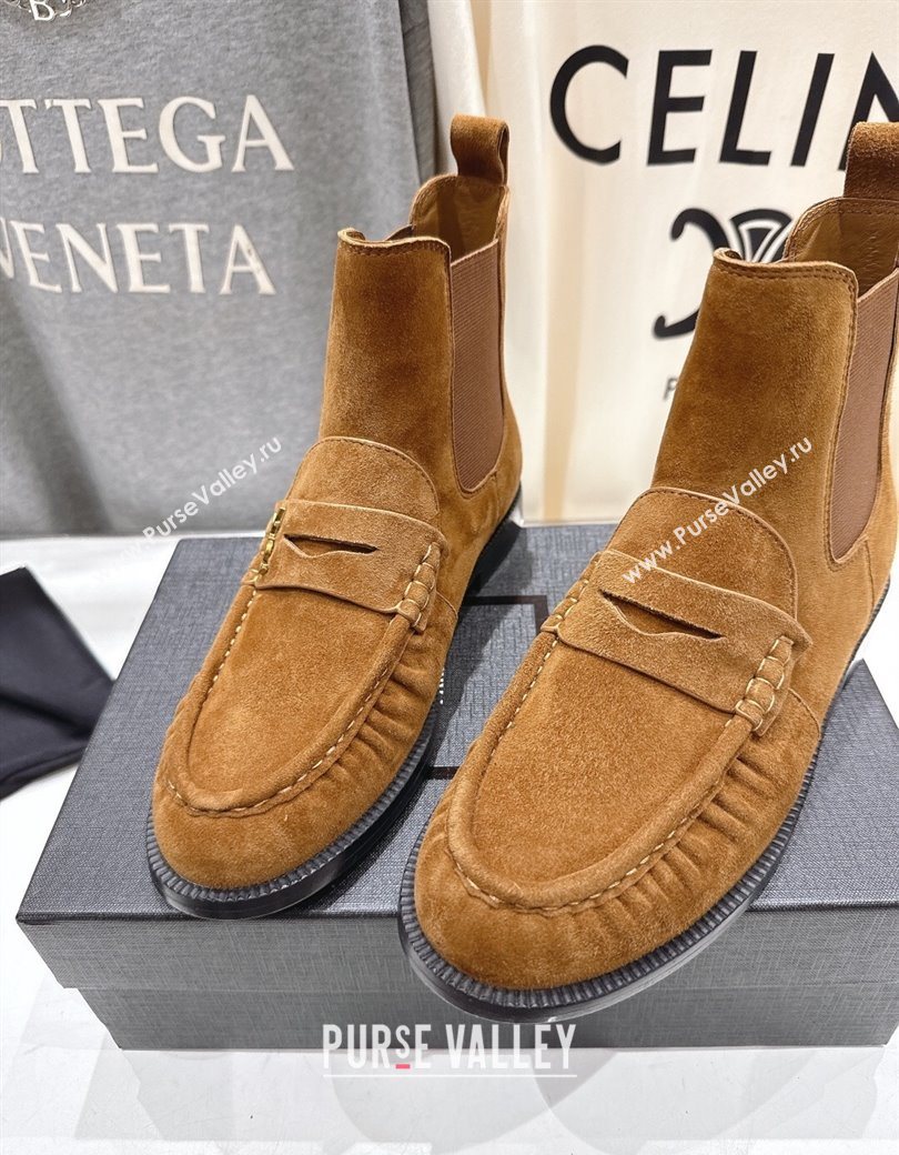 Saint Laurent Le Flat Chelsea Booties in Suede Brown Yellow 2025 YSL121302 (MD-251213049)