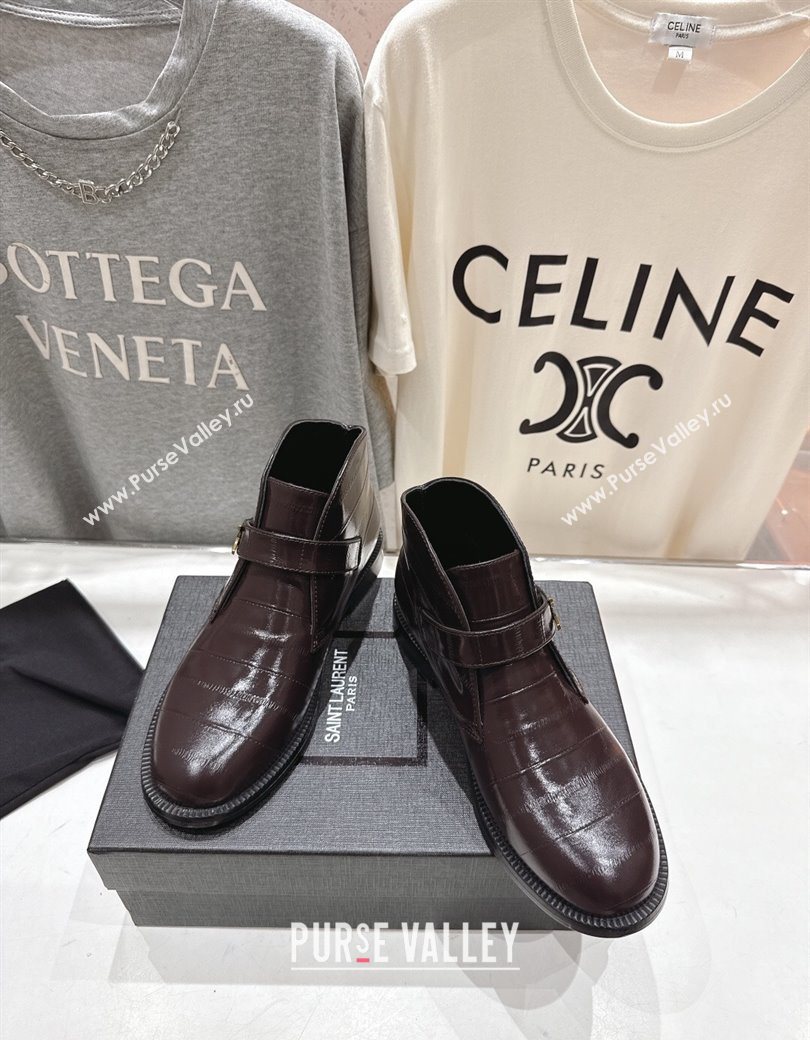 Saint Laurent Flat Chelsea Booties in Embossed Leather Dark Brown 2025 YSL121303 (MD-251213050)