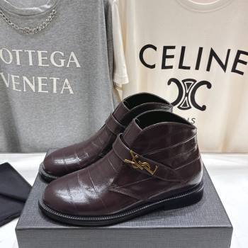Saint Laurent Flat Chelsea Booties in Embossed Leather Dark Brown 2025 YSL121303 (MD-251213050)