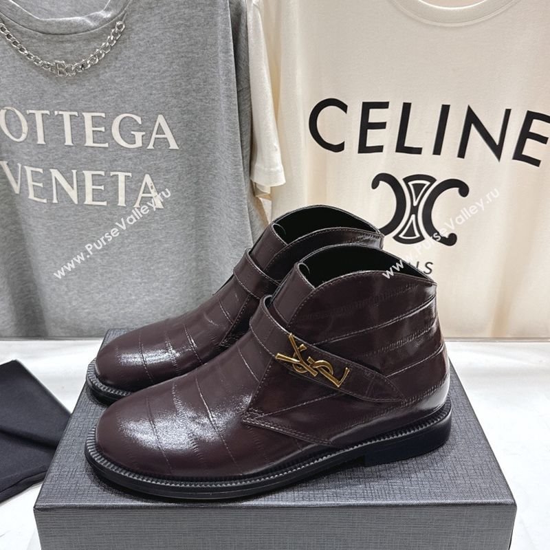Saint Laurent Flat Chelsea Booties in Embossed Leather Dark Brown 2025 YSL121303 (MD-251213050)
