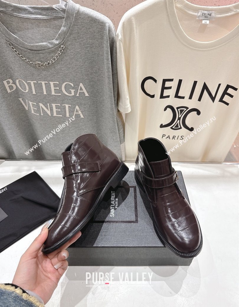 Saint Laurent Flat Chelsea Booties in Embossed Leather Dark Brown 2025 YSL121303 (MD-251213050)