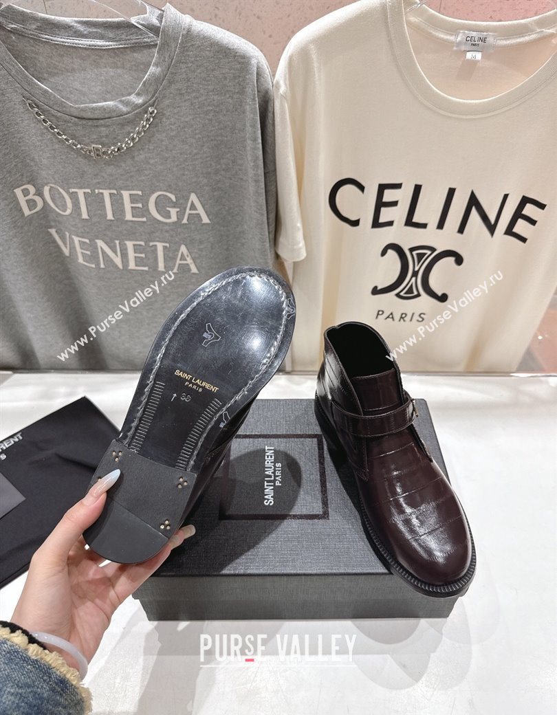 Saint Laurent Flat Chelsea Booties in Embossed Leather Dark Brown 2025 YSL121303 (MD-251213050)