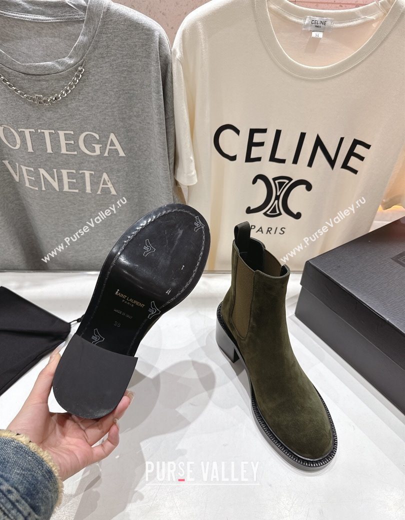 Saint Laurent Vincent Heel Chelsea Booties 6cm in Suede Green 2025 841133 (MD-251213054)