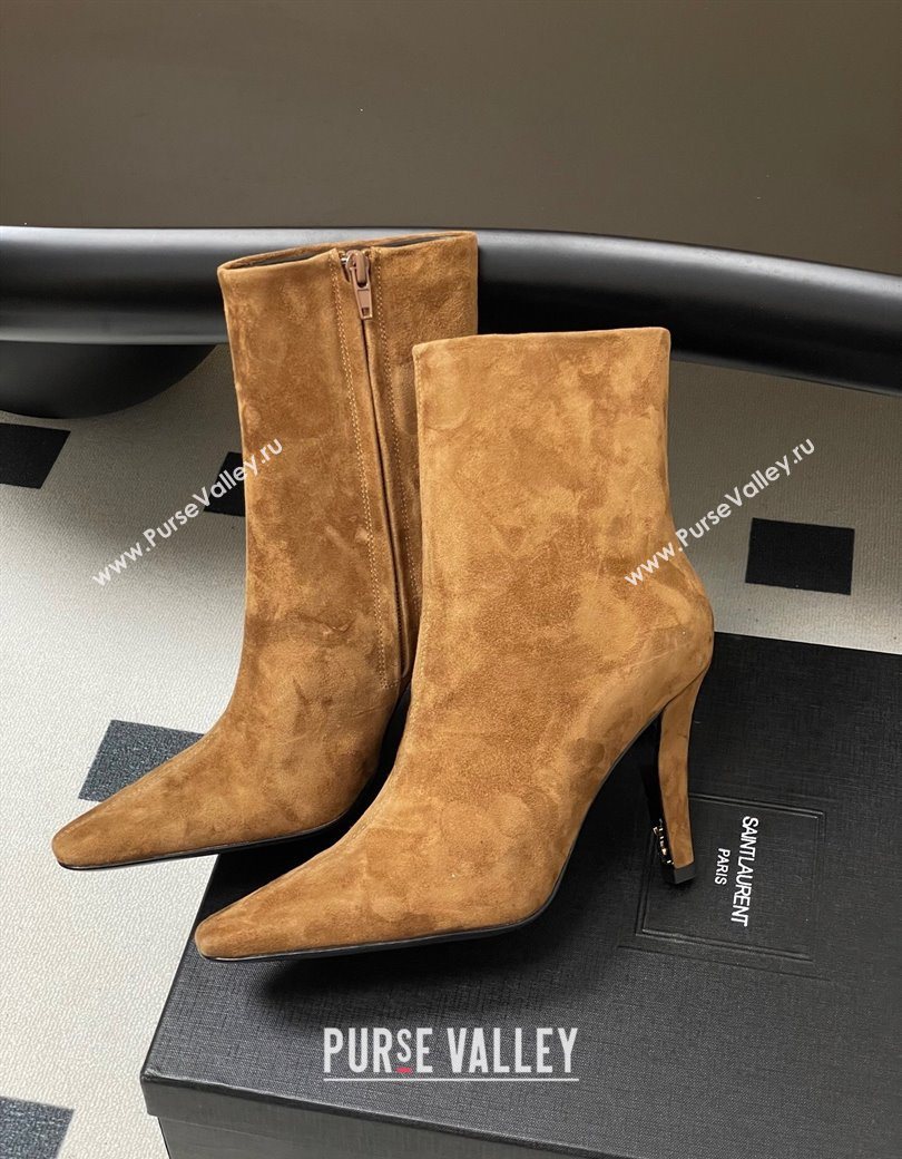 Saint Laurent Jill Heel Booties 10cm in Suede Brown 2025 806674 (MD-251213028)
