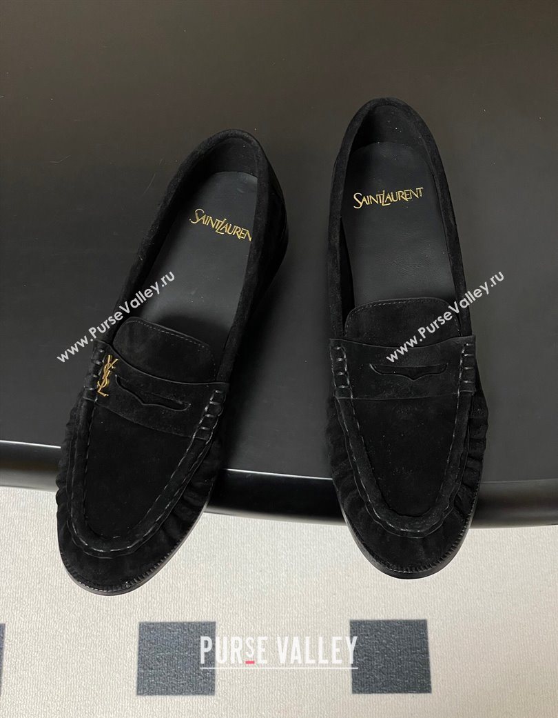 Saint Laurent Le Loafers Penny Slippers in Suede Black/Gold 2025 7668790 (MD-251215010)