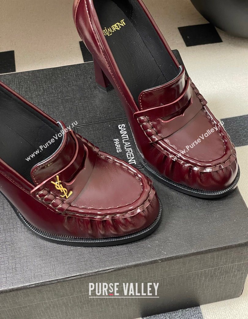 Saint Laurent Le Loafer High Heel Pumps 10cm in Oil Leather Dark Burgundy 2025 8589700 (MD-251213067)
