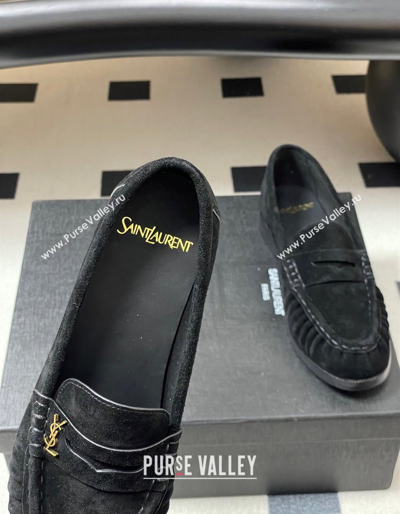 Saint Laurent Le Loafers Penny Slippers in Suede Black/Gold 2025 7668790 (MD-251215010)