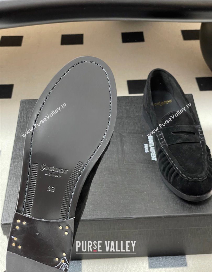 Saint Laurent Le Loafers Penny Slippers in Suede Black/Gold 2025 7668790 (MD-251215010)