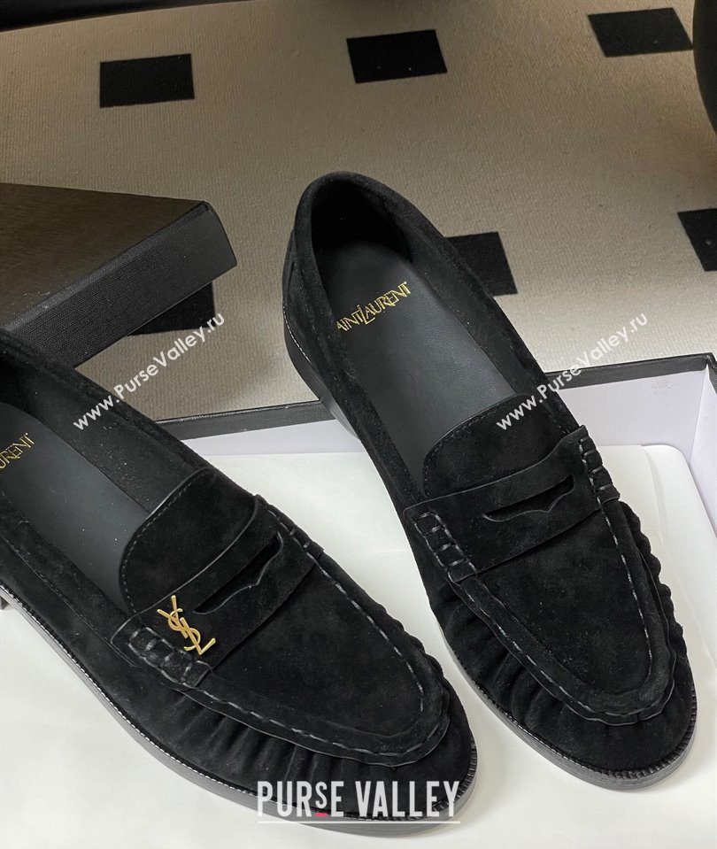 Saint Laurent Le Loafers Penny Slippers in Suede Black/Gold 2025 7668790 (MD-251215010)