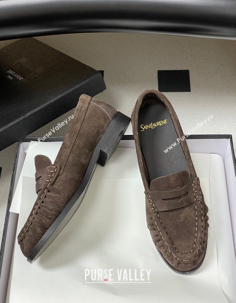 Saint Laurent Le Loafers Penny Slippers in Suede Deep Brown 2025 7668790 (MD-251215011)