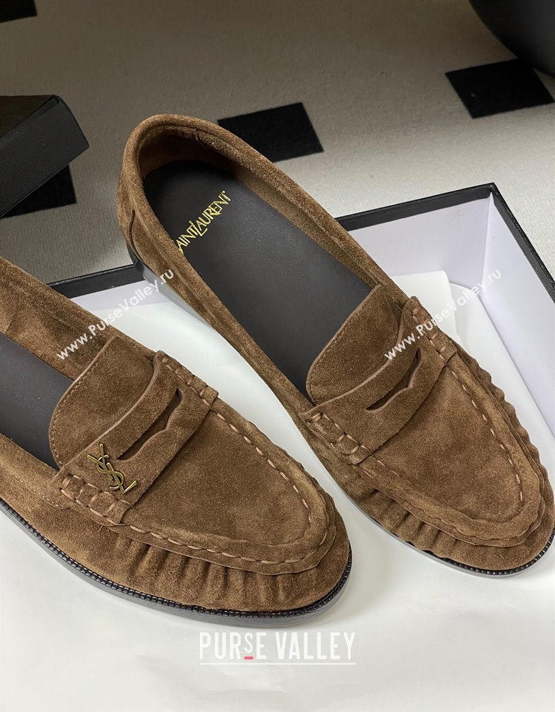 Saint Laurent Le Loafers Penny Slippers in Suede Dark Brown 2025 7668790 (MD-251215012)