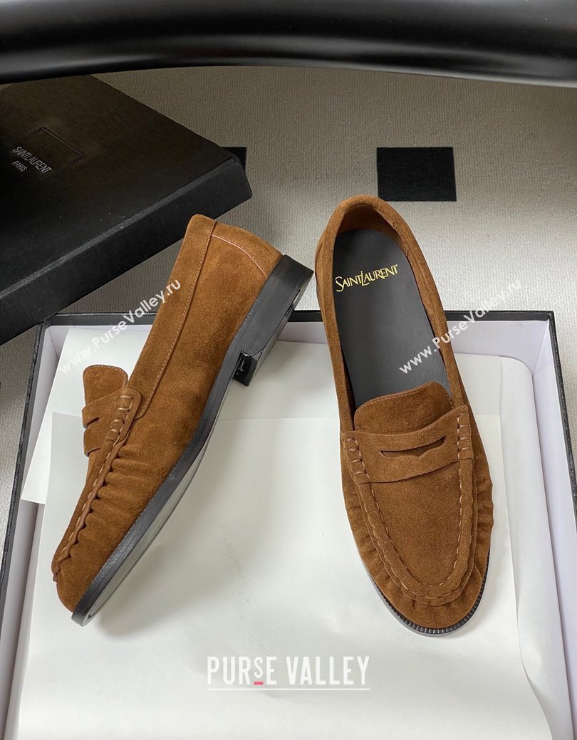 Saint Laurent Le Loafers Penny Slippers in Suede Brown2 2025 7668790 (MD-251215015)