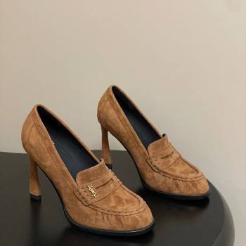Saint Laurent Le Loafer High Heel Pumps 10cm in Suede Brown 2025 8589700 (MD-251213069)