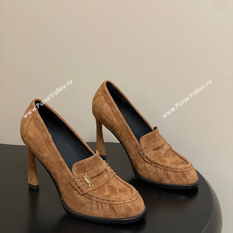 Saint Laurent Le Loafer High Heel Pumps 10cm in Suede Brown 2025 8589700 (MD-251213069)