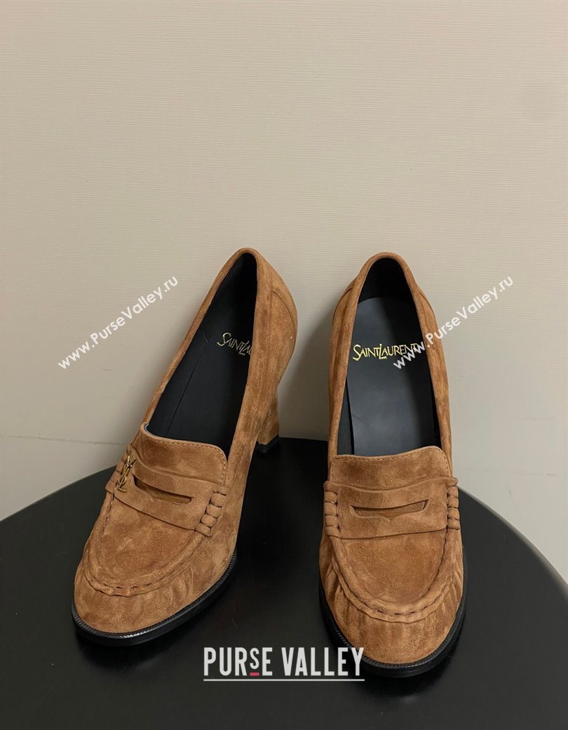 Saint Laurent Le Loafer High Heel Pumps 10cm in Suede Brown 2025 8589700 (MD-251213069)
