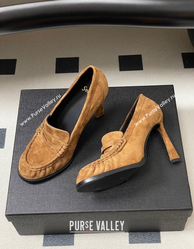 Saint Laurent Le Loafer High Heel Pumps 10cm in Suede Brown 2025 8589700 (MD-251213069)