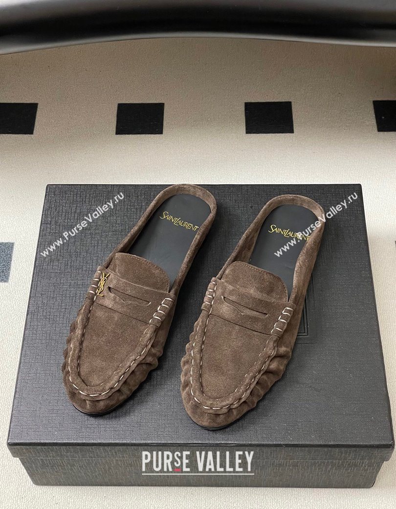 Saint Laurent Le Loafer Mules in Suede Deep Brown 2025 7668790 (MD-251215025)