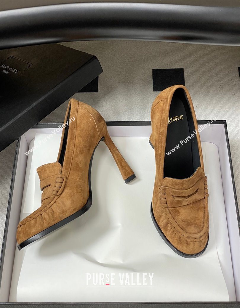 Saint Laurent Le Loafer High Heel Pumps 10cm in Suede Brown 2025 8589700 (MD-251213069)