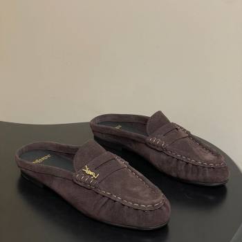 Saint Laurent Le Loafer Mules in Suede Dark Brown 2025 7668790 (MD-251215026)