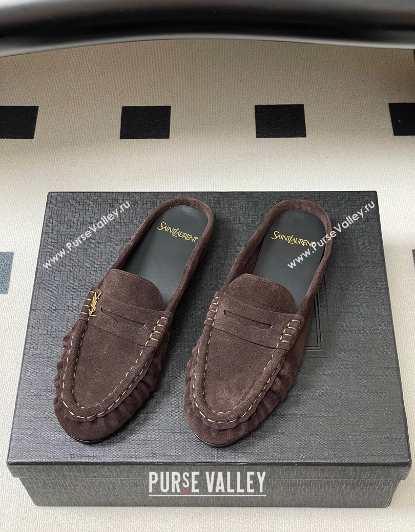 Saint Laurent Le Loafer Mules in Suede Dark Brown 2025 7668790 (MD-251215026)