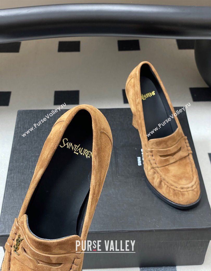 Saint Laurent Le Loafer High Heel Pumps 10cm in Suede Brown 2025 8589700 (MD-251213069)
