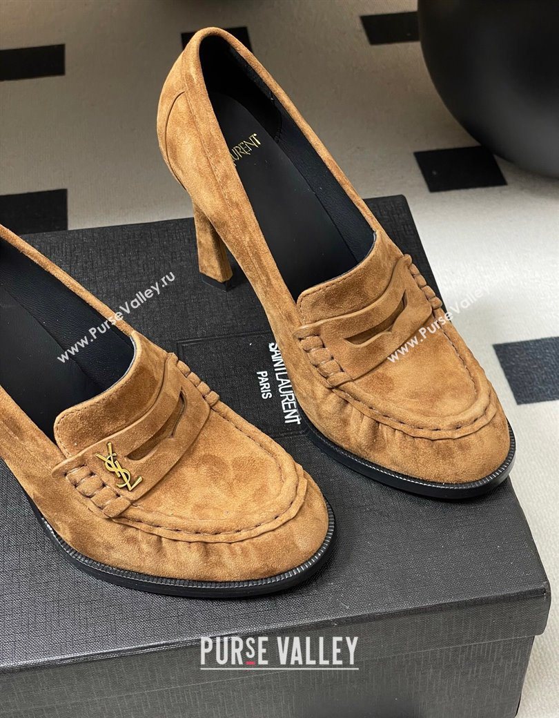 Saint Laurent Le Loafer High Heel Pumps 10cm in Suede Brown 2025 8589700 (MD-251213069)
