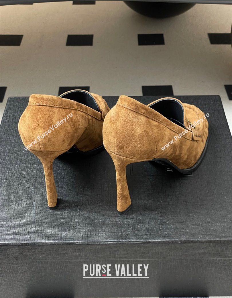 Saint Laurent Le Loafer High Heel Pumps 10cm in Suede Brown 2025 8589700 (MD-251213069)