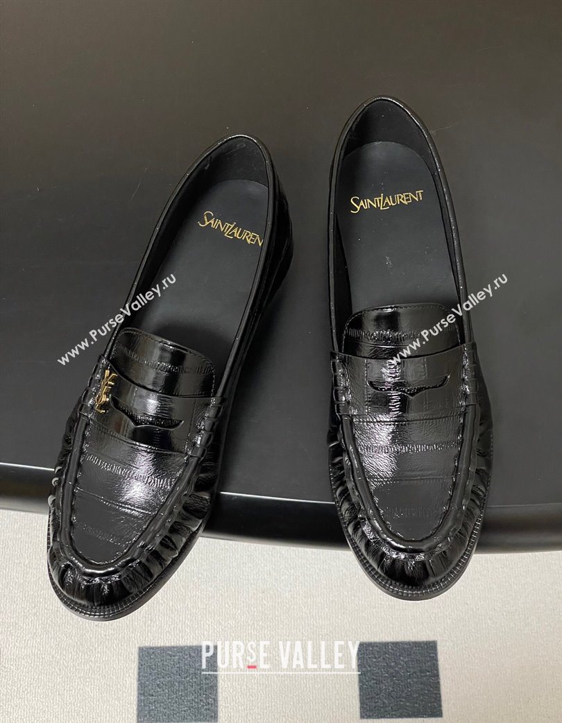 Saint Laurent Le Loafers Penny Slippers in Eel Embossed Leather Black/Gold 2025 7668790 (MD-251215001)