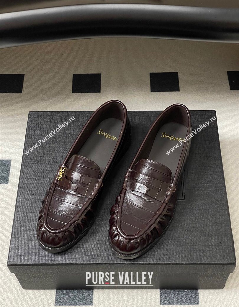 Saint Laurent Le Loafers Penny Slippers in Eel Embossed Leather Chocolate Brown 2025 7668790 (MD-251215002)