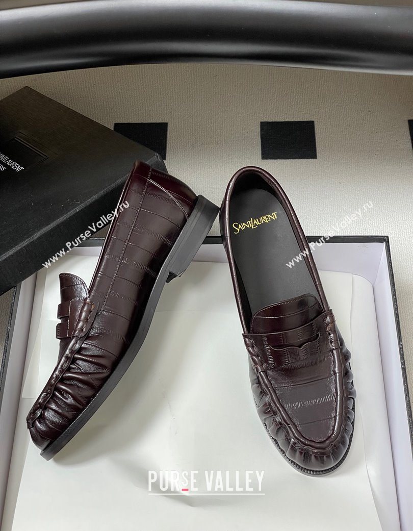 Saint Laurent Le Loafers Penny Slippers in Eel Embossed Leather Chocolate Brown 2025 7668790 (MD-251215002)