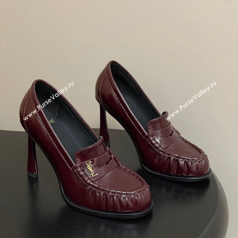Saint Laurent Le Loafer High Heel Pumps 10cm in Oil Leather Dark Burgundy 2025 8589700 (MD-251213067)
