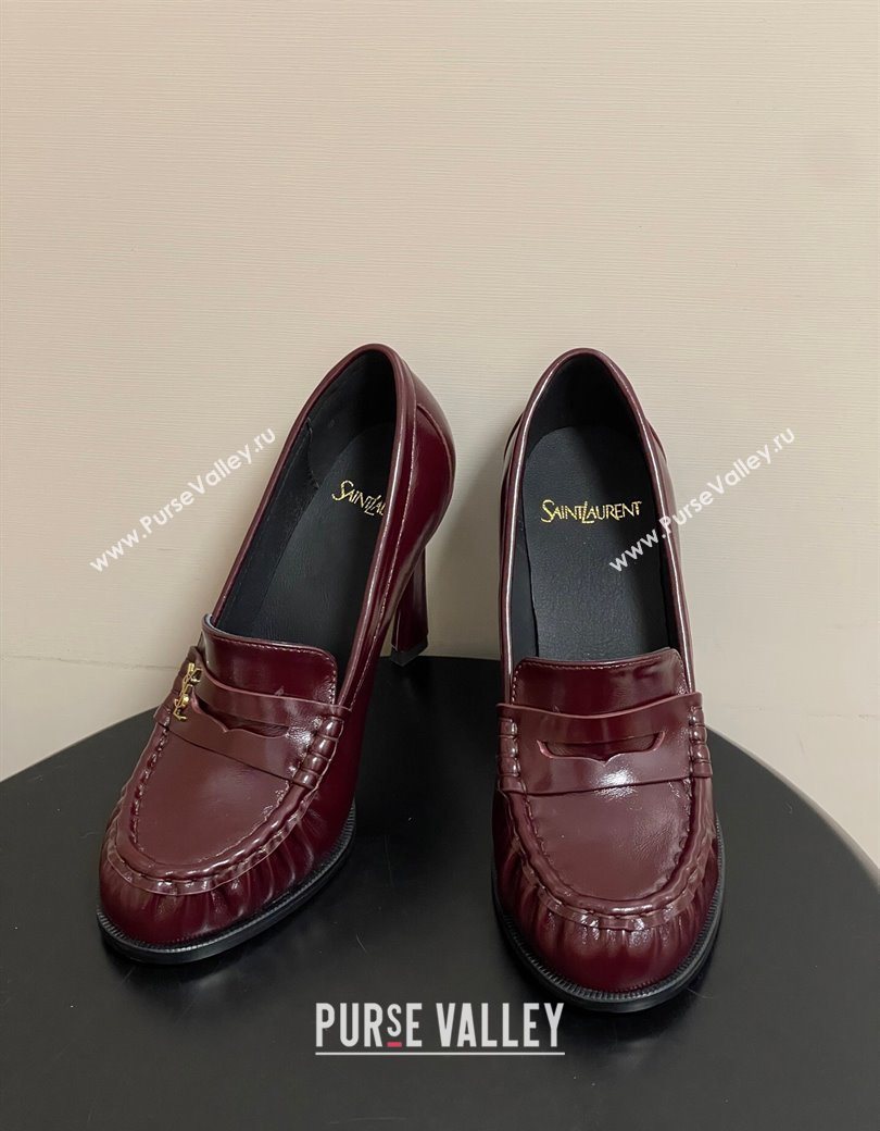 Saint Laurent Le Loafer High Heel Pumps 10cm in Oil Leather Dark Burgundy 2025 8589700 (MD-251213067)