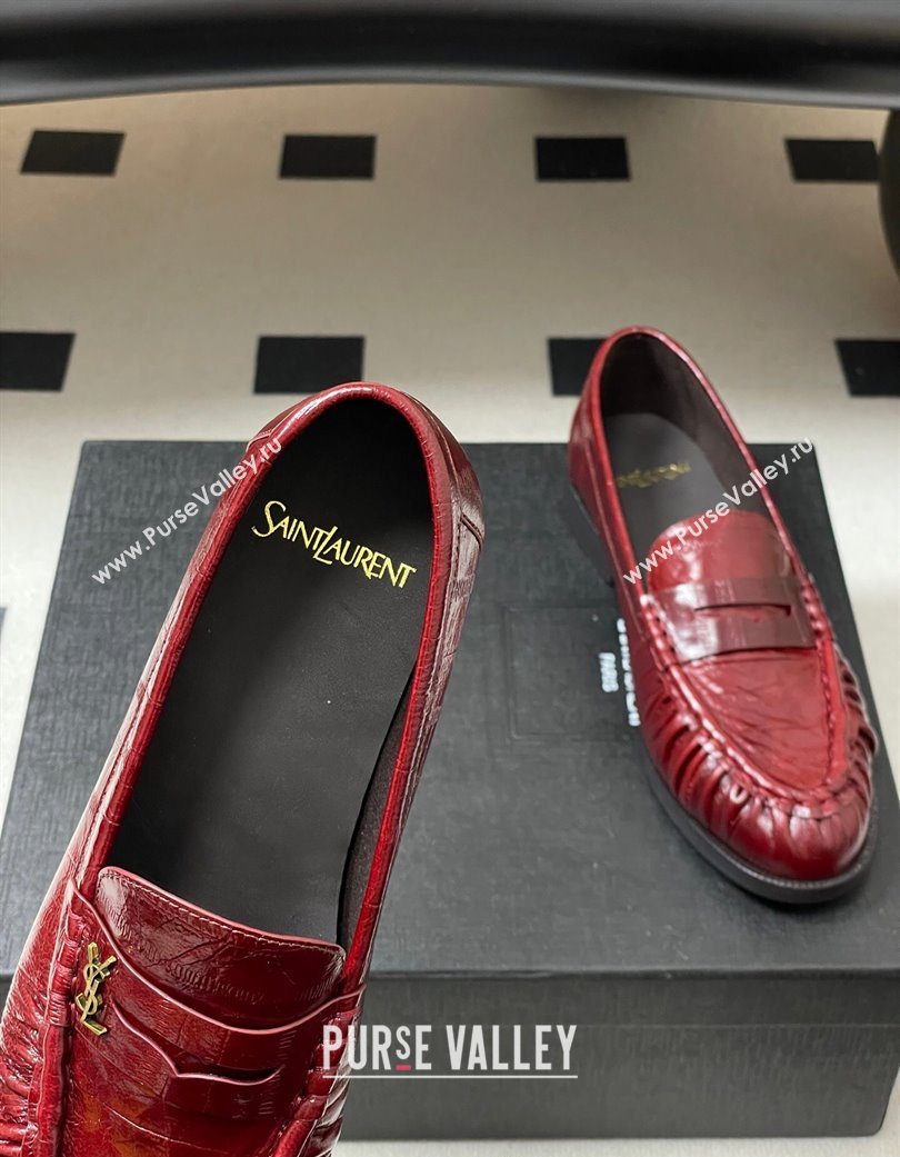 Saint Laurent Le Loafers Penny Slippers in Eel Embossed Leather Red 2025 7668790 (MD-251215004)